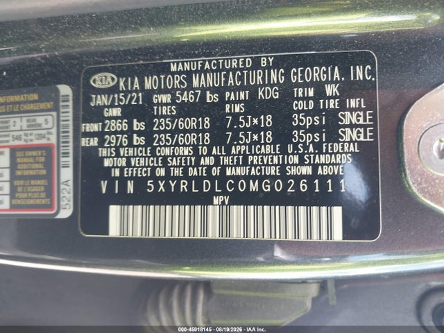 2021 Kia Sorento S მანქანა იყიდება აუქციონზე, vin: 5XYRLDLC0MG026111, აუქციონის ნომერი: 45918145