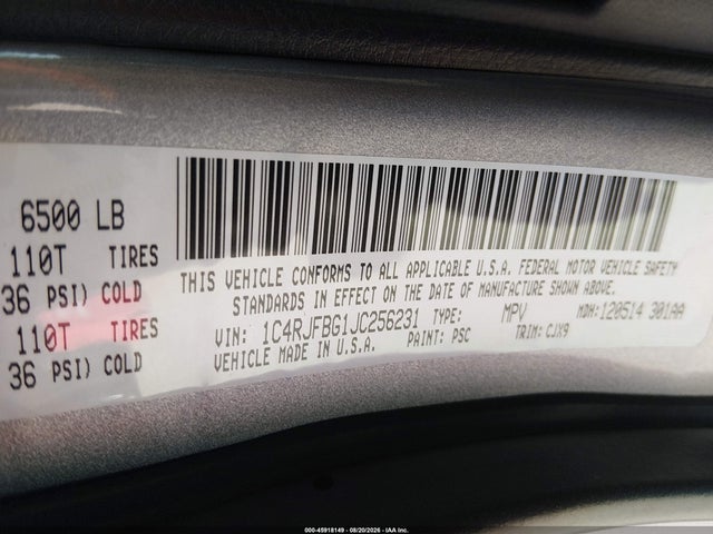 45918149 :رقم المزاد ، 1C4RJFBG1JC256231 vin ، 2018 Jeep Grand Cherokee Limited 4x4 مزاد بيع