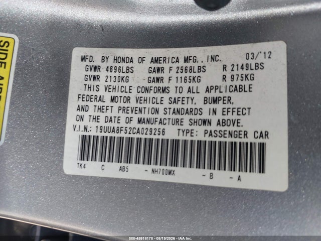 Aukcja sprzedaży 2012 Acura Tl 3.5, vin: 19UUA8F52CA029256, numer aukcji: 45918170