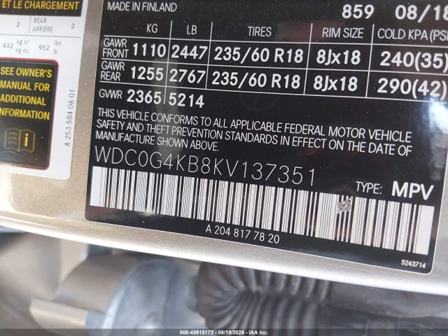 45918172 :رقم المزاد ، WDC0G4KB8KV137351 vin ، 2019 Mercedes-benz Glc 300 4matic مزاد بيع