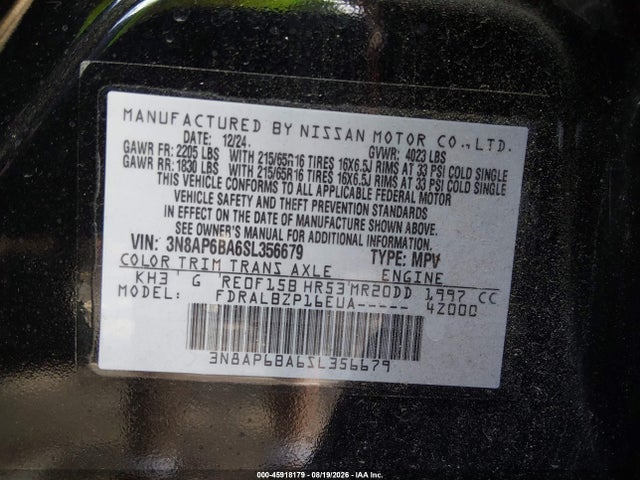 2025 Nissan Kicks S Fwd მანქანა იყიდება აუქციონზე, vin: 3N8AP6BA6SL356679, აუქციონის ნომერი: 45918179