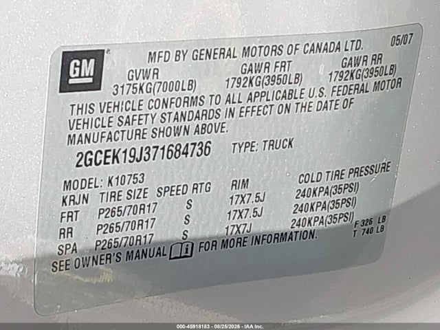 45918183 :رقم المزاد ، 2GCEK19J371684736 vin ، 2007 Chevrolet Silverado 1500 Lt2 مزاد بيع
