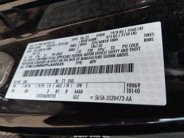 2023 Ford Escape St-line მანქანა იყიდება აუქციონზე, vin: 1FMCU0MN0PUA60026, აუქციონის ნომერი: 45918197