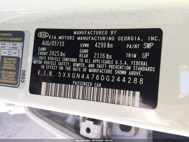 Aukcja sprzedaży 2013 Kia Optima Ex, vin: 5XXGN4A76DG244288, numer aukcji: 45918204
