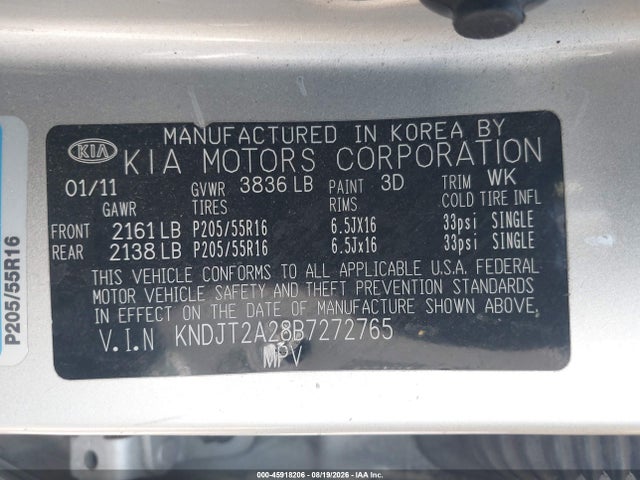 45918206 :رقم المزاد ، KNDJT2A28B7272765 vin ، 2011 Kia Soul + مزاد بيع