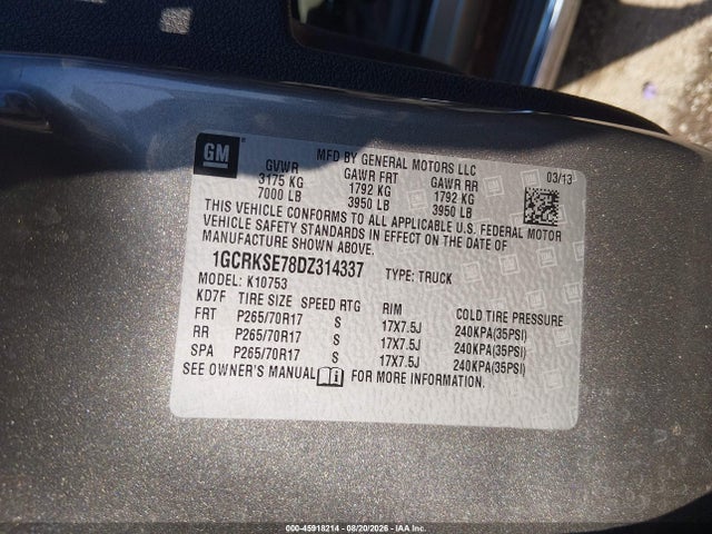 Продаж на аукціоні авто 2013 Chevrolet Silverado 1500 Lt, vin: 1GCRKSE78DZ314337, номер лоту: 45918214