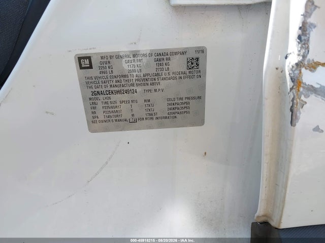 2017 Chevrolet Equinox Lt მანქანა იყიდება აუქციონზე, vin: 2GNALCEK9H6249124, აუქციონის ნომერი: 45918215