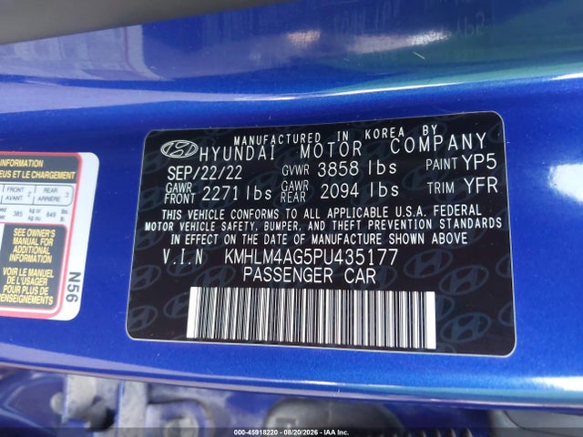 Продаж на аукціоні авто 2023 Hyundai Elantra Sel, vin: KMHLM4AG5PU435177, номер лоту: 45918220