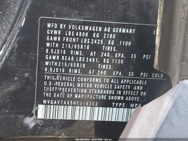 Продажа на аукционе авто 2017 Volkswagen Tiguan, vin: WVGAV7AX5HK014353, номер лота: 45918222