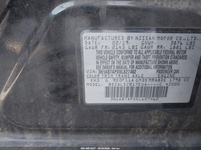2019 Nissan Sentra Sv მანქანა იყიდება აუქციონზე, vin: 3N1AB7APXKL627462, აუქციონის ნომერი: 45918227