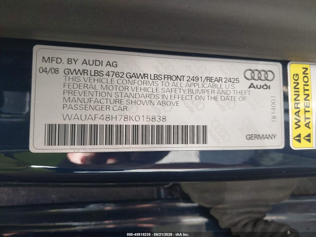 Aukcja sprzedaży 2008 Audi A4 2.0t, vin: WAUAF48H78K015838, numer aukcji: 45918235