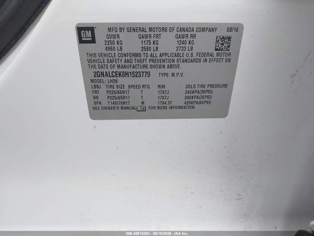 Продаж на аукціоні авто 2017 Chevrolet Equinox Lt, vin: 2GNALCEK8H1523779, номер лоту: 45918253