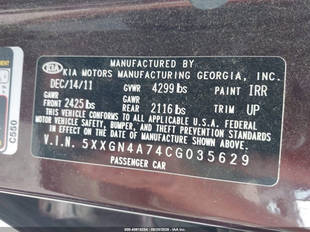 45918254 :رقم المزاد ، 5XXGN4A74CG035629 vin ، 2012 Kia Optima Ex مزاد بيع