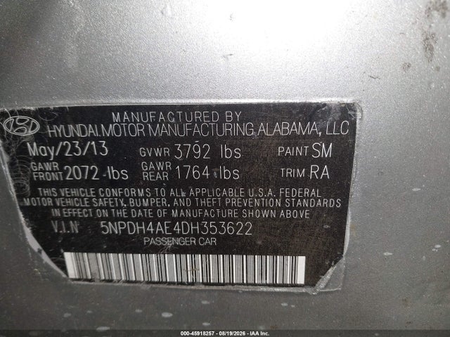 Aukcja sprzedaży 2013 Hyundai Elantra Gls, vin: 5NPDH4AE4DH353622, numer aukcji: 45918257