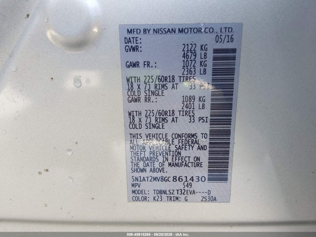 Продажа на аукционе авто 2016 Nissan Rogue Sl, vin: 5N1AT2MV8GC861430, номер лота: 45918265
