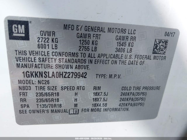 2017 Gmc Acadia Sle-2 მანქანა იყიდება აუქციონზე, vin: 1GKKNSLA0HZ279942, აუქციონის ნომერი: 45918266