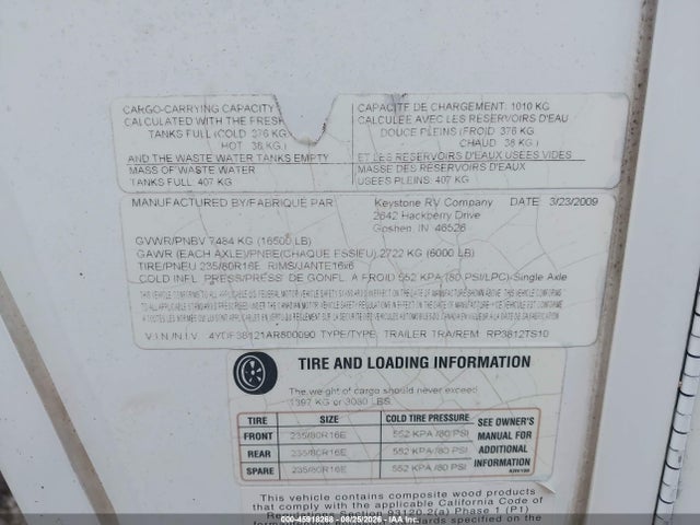 45918268 :رقم المزاد ، 4YDF38121AR800090 vin ، 2010 Keystone Rv Other مزاد بيع