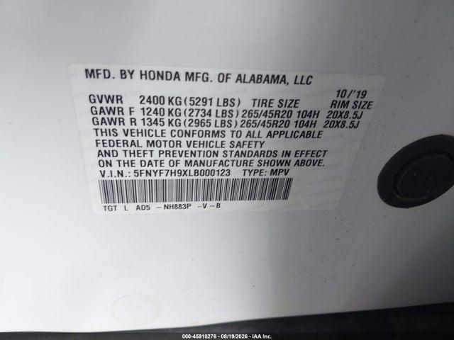 Aukcja sprzedaży 2020 Honda Passport 2wd Touring, vin: 5FNYF7H9XLB000123, numer aukcji: 45918276