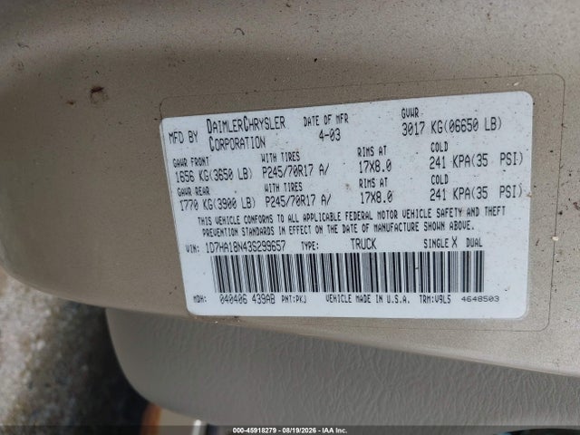 Aukcja sprzedaży 2003 Dodge Ram 1500 Slt/laramie/st, vin: 1D7HA18N43S299657, numer aukcji: 45918279