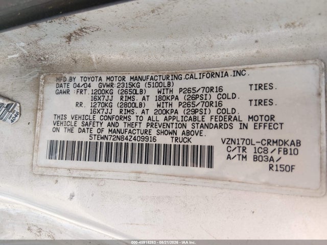 Продаж на аукціоні авто 2004 Toyota Tacoma Base V6, vin: 5TEWN72N84Z409916, номер лоту: 45918283