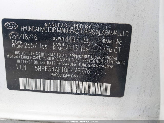 2016 Hyundai Sonata Sport მანქანა იყიდება აუქციონზე, vin: 5NPE34AF1GH428776, აუქციონის ნომერი: 45918299