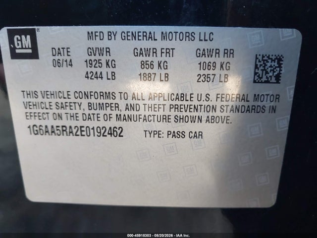 Auction sale of the 2014 Cadillac Ats Standard, vin: 1G6AA5RA2E0192462, lot number: 45918303