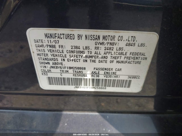 2008 Infiniti G35x მანქანა იყიდება აუქციონზე, vin: JNKBV61F18M258868, აუქციონის ნომერი: 45918305