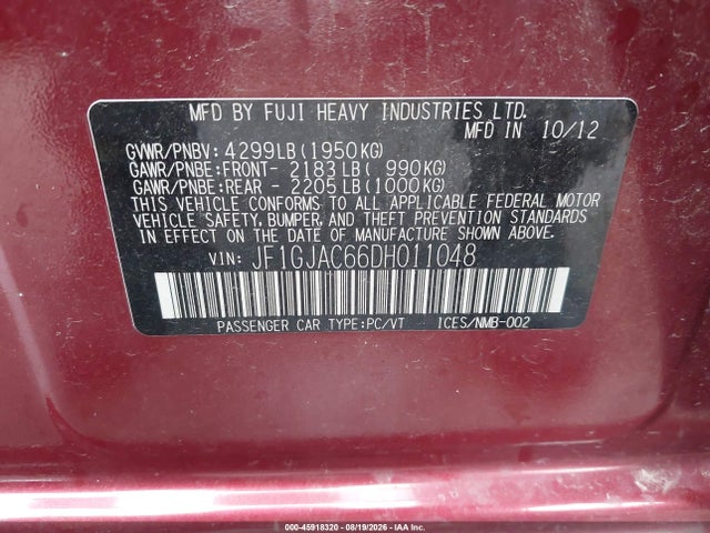 45918320 :رقم المزاد ، JF1GJAC66DH011048 vin ، 2013 Subaru Impreza 2.0i Premium مزاد بيع