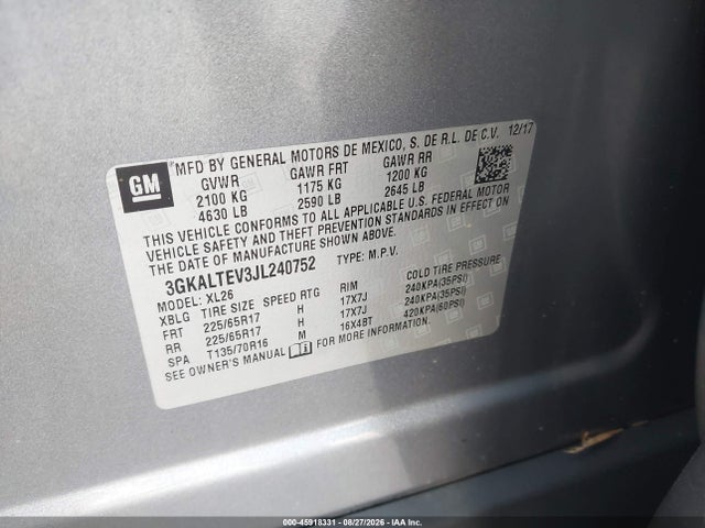 45918331 :رقم المزاد ، 3GKALTEV3JL240752 vin ، 2018 Gmc Terrain Sle مزاد بيع