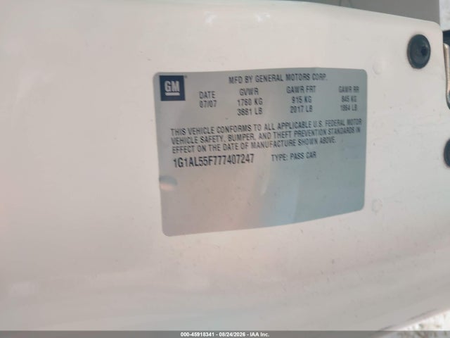 45918341 :رقم المزاد ، 1G1AL55F777407247 vin ، 2007 Chevrolet Cobalt Lt مزاد بيع