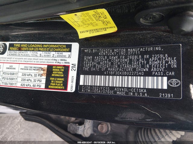 2011 Toyota Camry Se მანქანა იყიდება აუქციონზე, vin: 4T1BF3EK0BU227540, აუქციონის ნომერი: 45918347