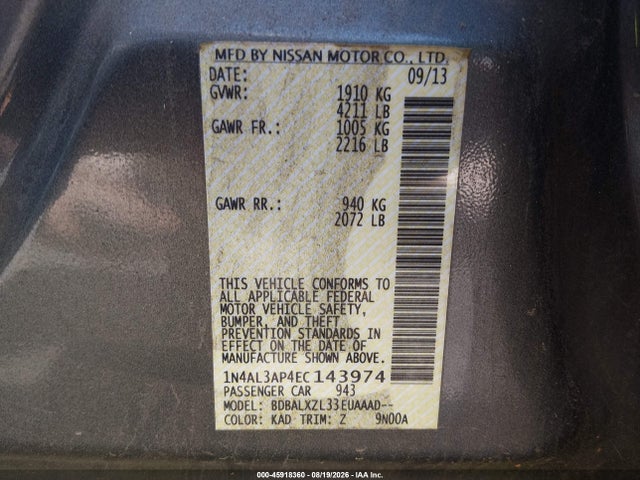 2014 Nissan Altima 2.5 Sl მანქანა იყიდება აუქციონზე, vin: 1N4AL3AP4EC143974, აუქციონის ნომერი: 45918360