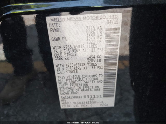 Продажа на аукционе авто 2019 Nissan Pathfinder S, vin: 5N1DR2MNXKC631151, номер лота: 45918361