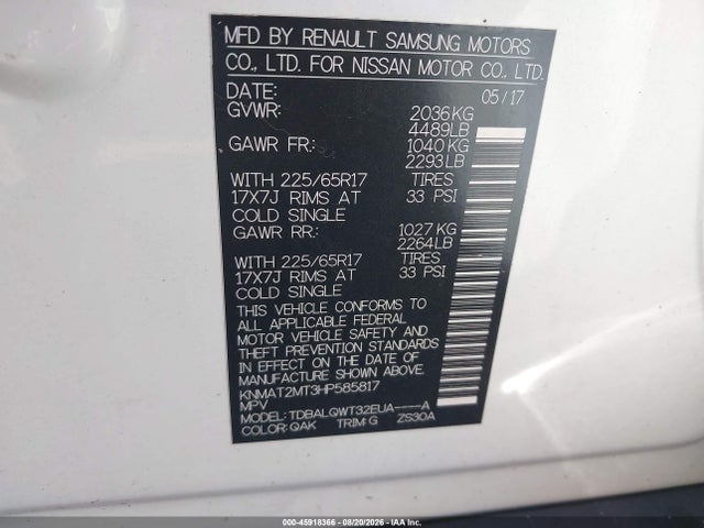 45918366 :رقم المزاد ، KNMAT2MT3HP585817 vin ، 2017 Nissan Rogue Sv مزاد بيع