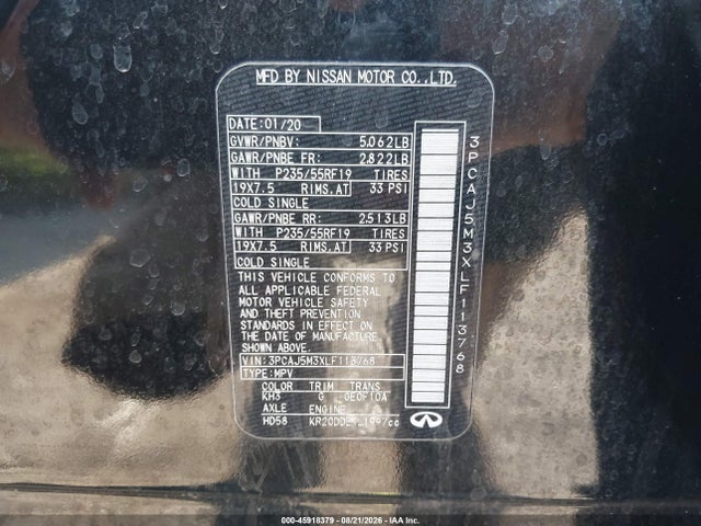 45918379 :رقم المزاد ، 3PCAJ5M3XLF113768 vin ، 2020 Infiniti Qx50 Luxe Awd مزاد بيع