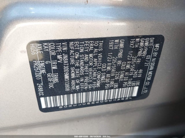 Продажа на аукционе авто 2021 Nissan Rogue Platinum Intelligent Awd, vin: JN8AT3DD9MW313808, номер лота: 45918385