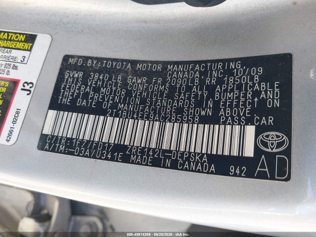 2010 Toyota Corolla S მანქანა იყიდება აუქციონზე, vin: 2T1BU4EE9AC285958, აუქციონის ნომერი: 45918389