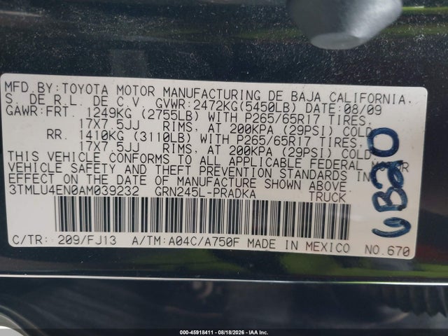 45918411 :رقم المزاد ، 3TMLU4EN0AM039232 vin ، 2010 Toyota Tacoma Base V6 مزاد بيع
