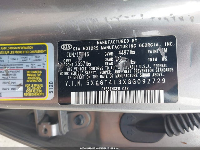 45918412 :رقم المزاد ، 5XXGT4L3XGG092729 vin ، 2016 Kia Optima Lx مزاد بيع