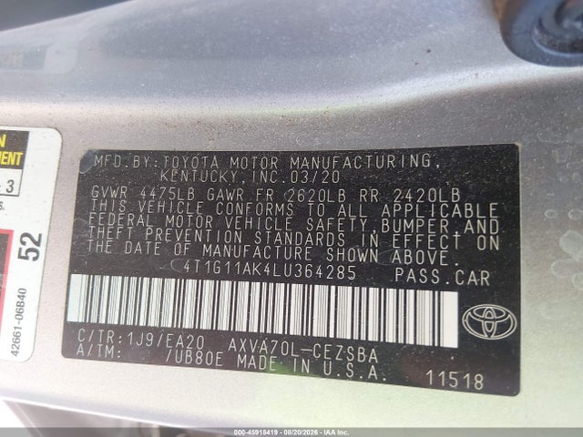 Toyota CAMRY SE 2020 4T1G11AK4LU364285 Image 9