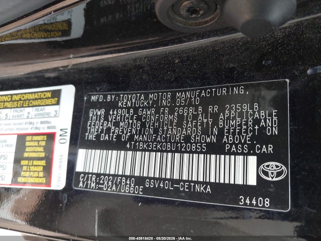2011 Toyota Camry Le V6 მანქანა იყიდება აუქციონზე, vin: 4T1BK3EK0BU120855, აუქციონის ნომერი: 45918420