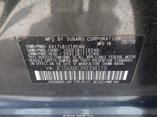 Aukcja sprzedaży 2024 Subaru Impreza Base 5-door, vin: JF1GUABC2R8394119, numer aukcji: 45918436