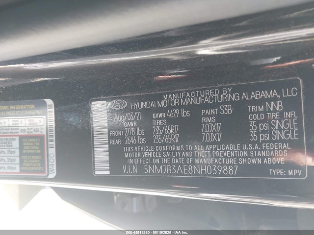 2022 Hyundai Tucson Sel მანქანა იყიდება აუქციონზე, vin: 5NMJB3AE8NH039887, აუქციონის ნომერი: 45918460
