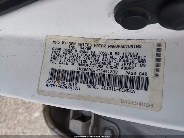 Продажа на аукционе авто 1996 Toyota Corolla, vin: 1NXBA02E4TZ441833, номер лота: 45918462