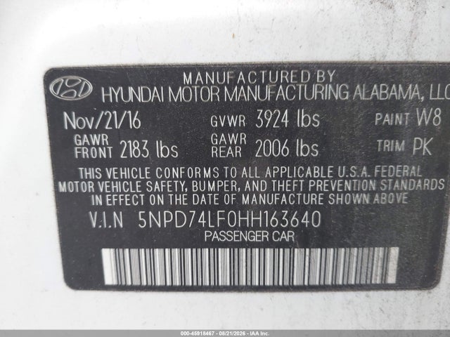Aukcja sprzedaży 2017 Hyundai Elantra Se, vin: 5NPD74LF0HH163640, numer aukcji: 45918467
