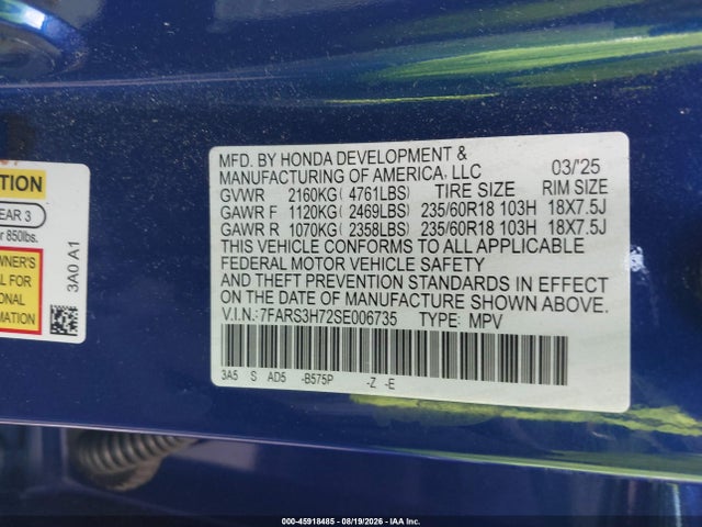 45918485 :رقم المزاد ، 7FARS3H72SE006735 vin ، 2025 Honda Cr-v Ex-l 2wd مزاد بيع