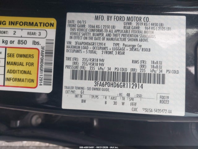 45918491 :رقم المزاد ، 3FA6P0HD6GR112914 vin ، 2016 Ford Fusion Se مزاد بيع