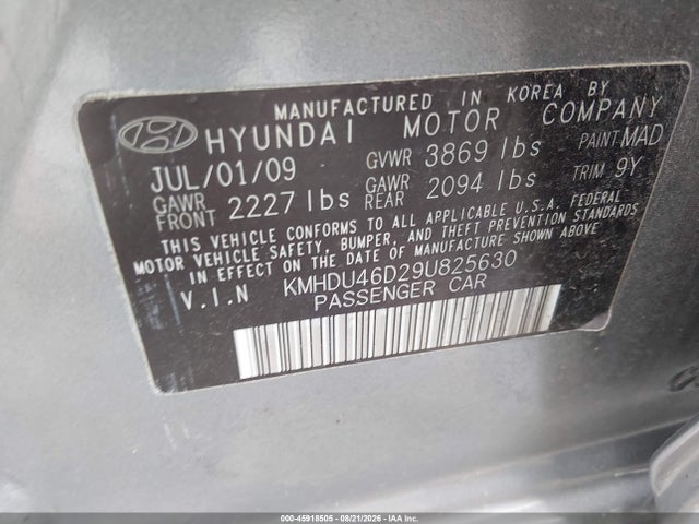 2009 Hyundai Elantra Gls მანქანა იყიდება აუქციონზე, vin: KMHDU46D29U825630, აუქციონის ნომერი: 45918505