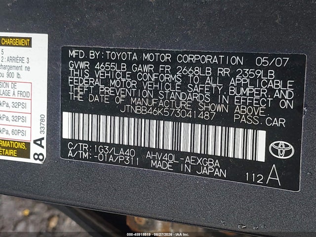 Auction sale of the 2007 Toyota Camry Hybrid, vin: JTNBB46K573041487, lot number: 45918519