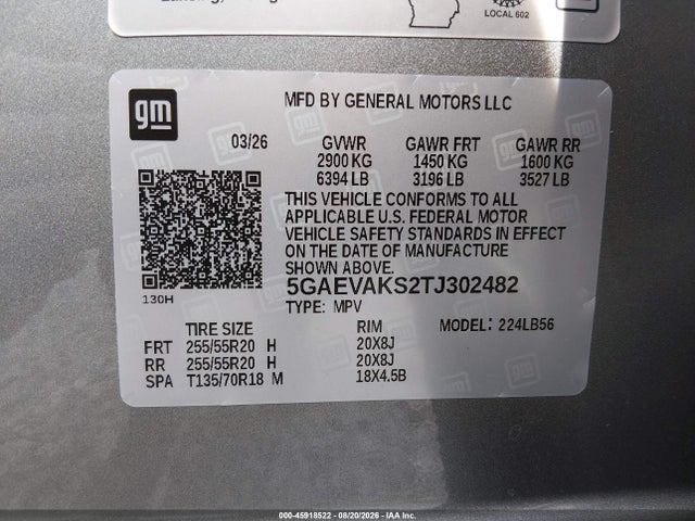 45918522 :رقم المزاد ، 5GAEVAKS2TJ302482 vin ، 2026 Buick Enclave مزاد بيع